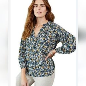 J.Jill Smocked Relaxed Rayon Blouse Navy Blue Size Floral Button Front Blouse PL